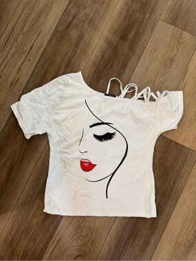 White Women's Off-Shoulder Graphic Tee with Red Lip Detail